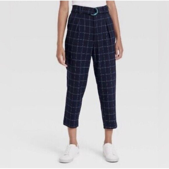 A New Day plaid Pants High Rise Tapered Ankle Size 14 Navy Blue Belted NEW - Picture 2 of 10